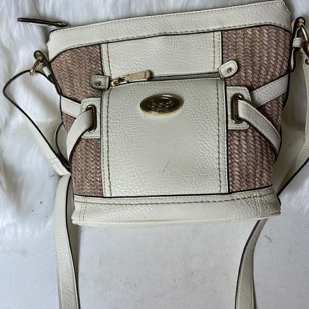 B.O.C Born Concept beige & straw weaving crossbody bag with gold tone ha…